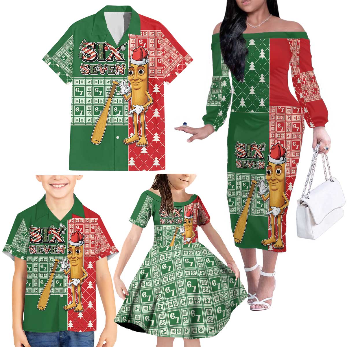 Six Seven Christmas Family Matching Off The Shoulder Long Sleeve Dress and Hawaiian Shirt Funny Tung Tung Tung Sahur - Wonder Print Shop