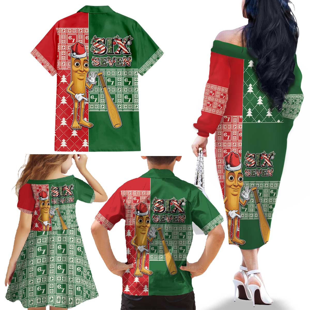 Six Seven Christmas Family Matching Off The Shoulder Long Sleeve Dress and Hawaiian Shirt Funny Tung Tung Tung Sahur - Wonder Print Shop