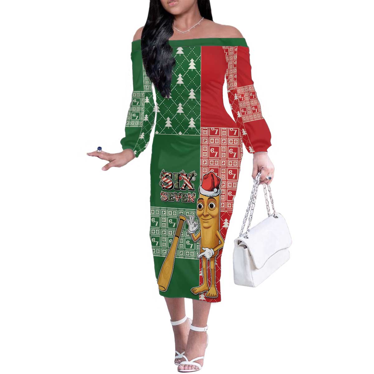 Six Seven Christmas Family Matching Off The Shoulder Long Sleeve Dress and Hawaiian Shirt Funny Tung Tung Tung Sahur - Wonder Print Shop