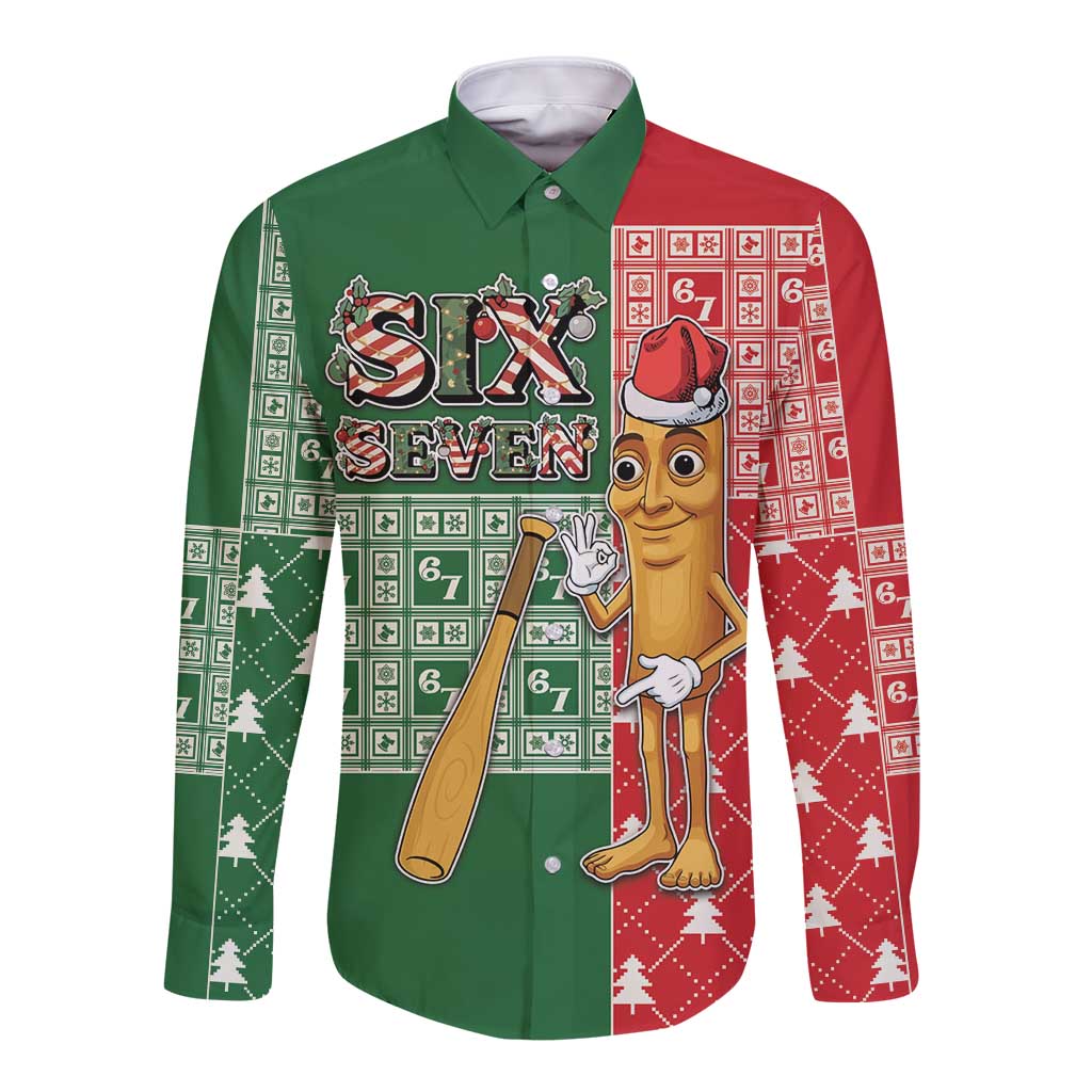 Six Seven Christmas Long Sleeve Button Shirt Funny Tung Tung Tung Sahur - Wonder Print Shop