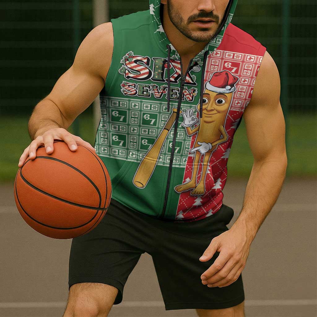 Six Seven Christmas Sleeveless Zip Hoodie Funny Tung Tung Tung Sahur - Wonder Print Shop