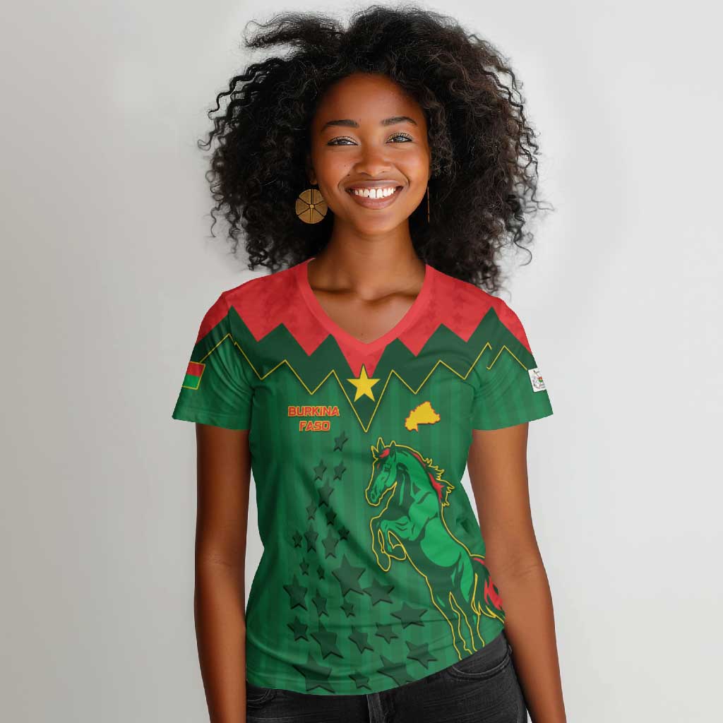 Custom Football Burkina Faso Women V-Neck T-Shirt Rising Star And Horse Sport Style - Wonder Print Shop