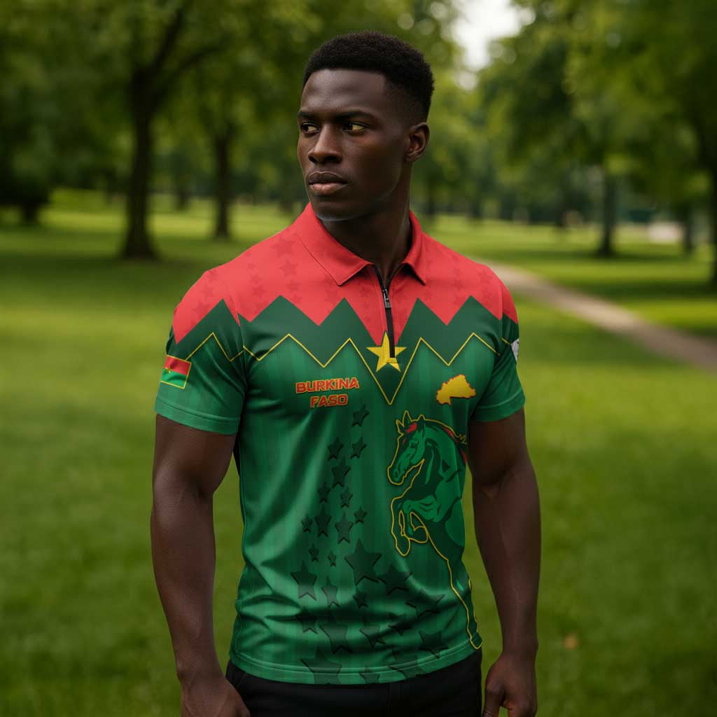 Custom Football Burkina Faso Zipper Polo Shirt Rising Star And Horse Sport Style - Wonder Print Shop