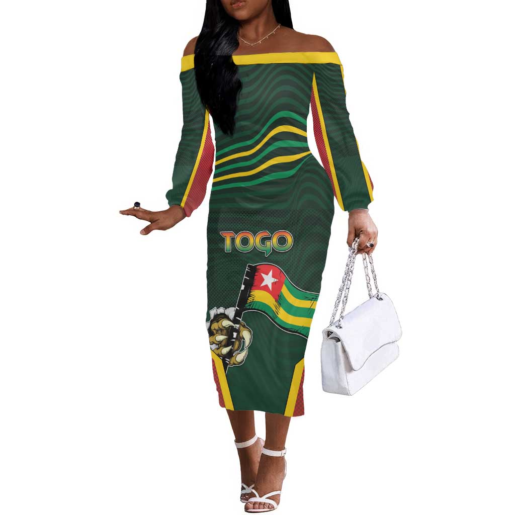 Personalized Togo Off The Shoulder Long Sleeve Dress Lion Claw Flag Sport Style - Wonder Print Shop