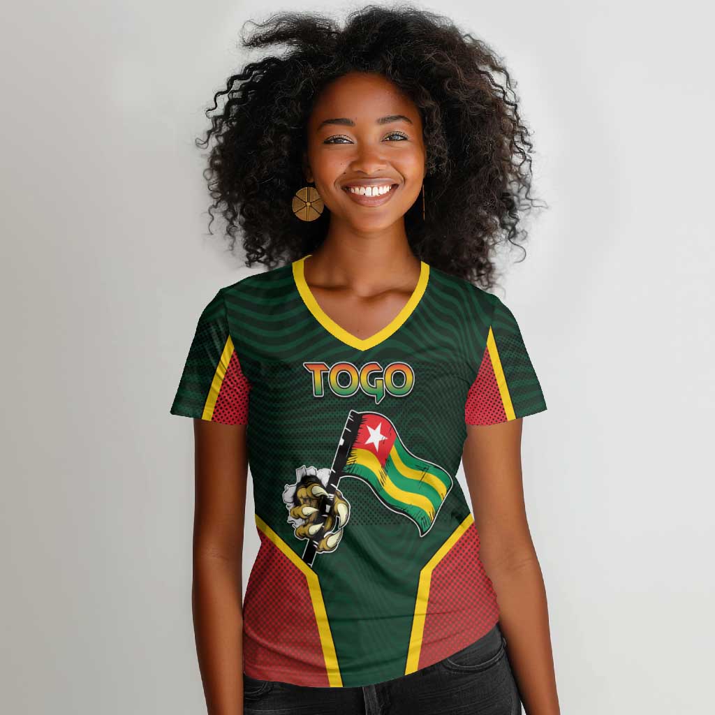 Personalized Togo Women V-Neck T-Shirt Lion Claw Flag Sport Style - undefined