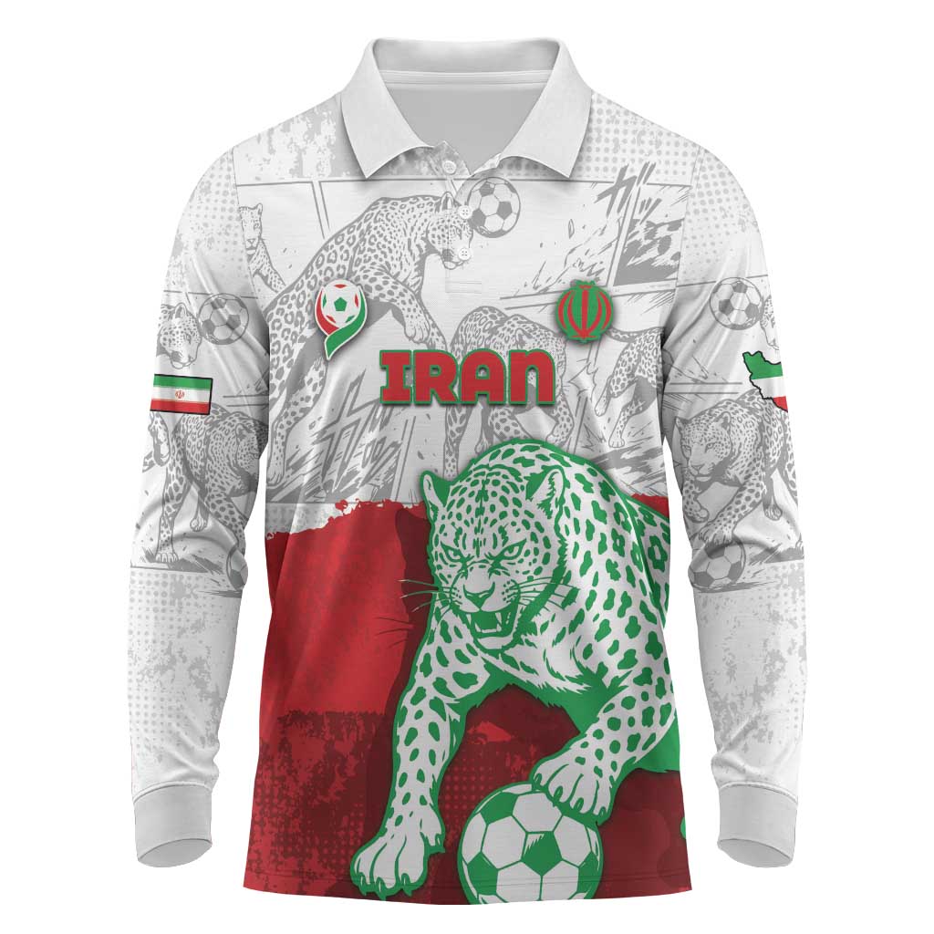 Custom Iran Football Long Sleeve Polo Shirt Leopard Comic Manga Art Style