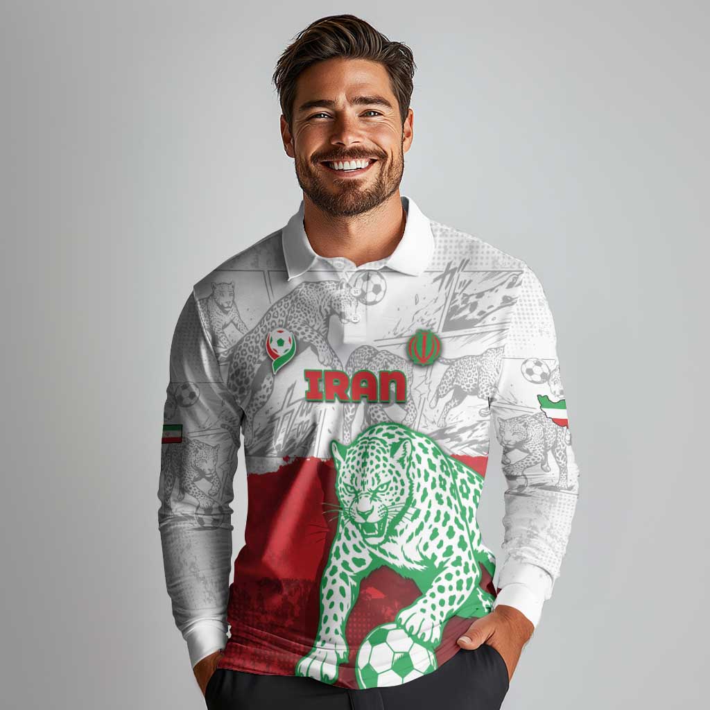 Custom Iran Football Long Sleeve Polo Shirt Leopard Comic Manga Art Style