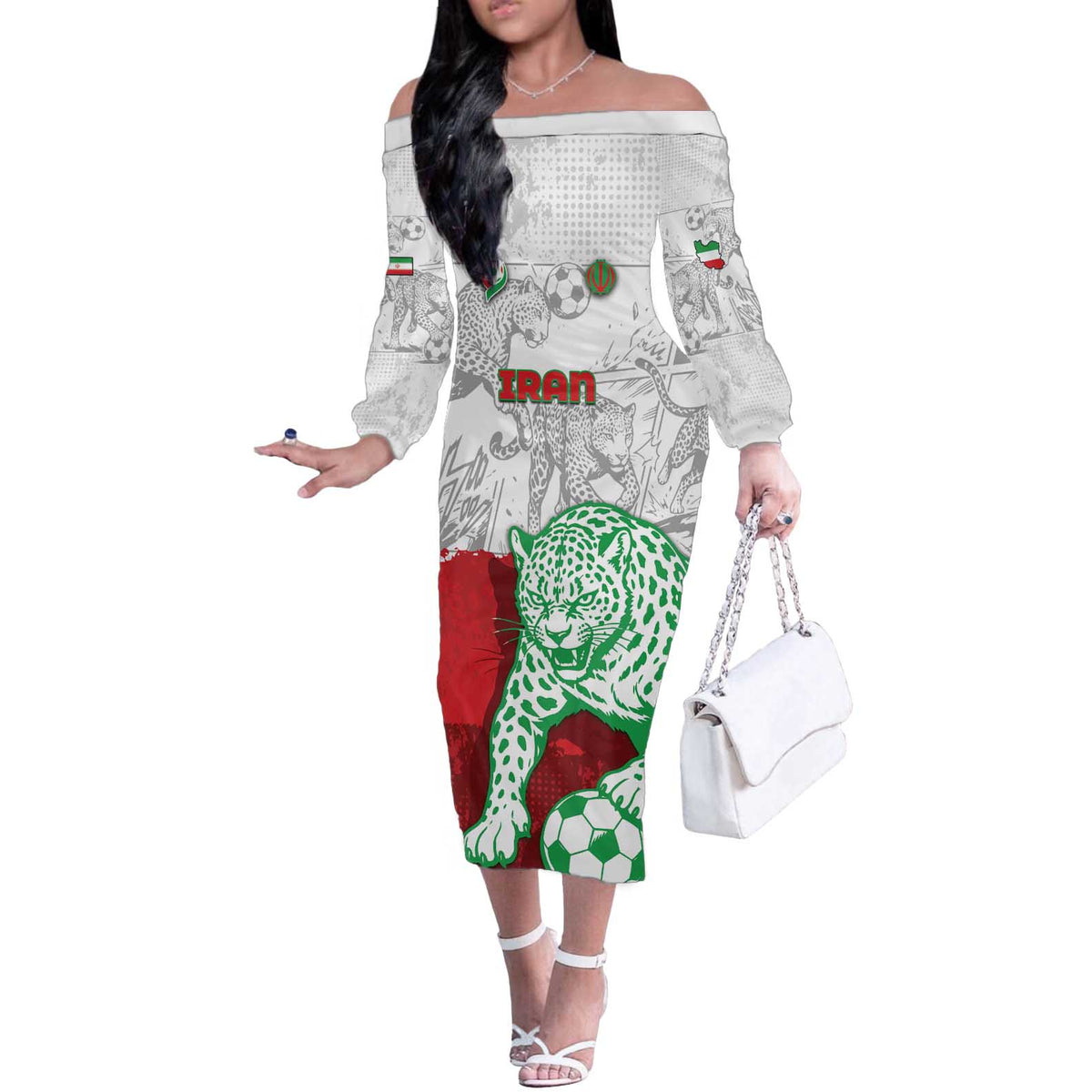 Custom Iran Football Off The Shoulder Long Sleeve Dress Leopard Comic Manga Art Style
