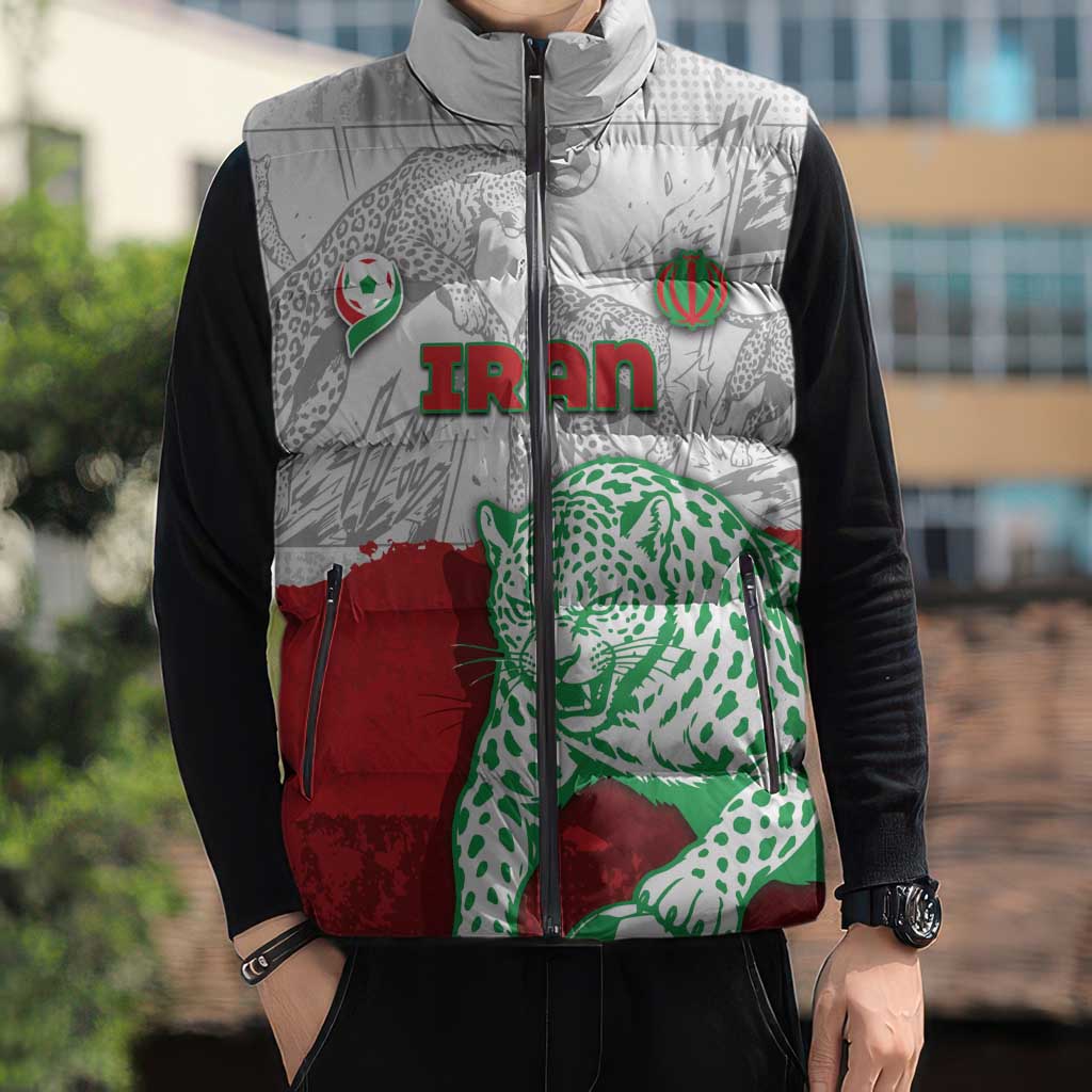 Custom Iran Football Sleeveless Puffer Jacket Leopard Comic Manga Art Style