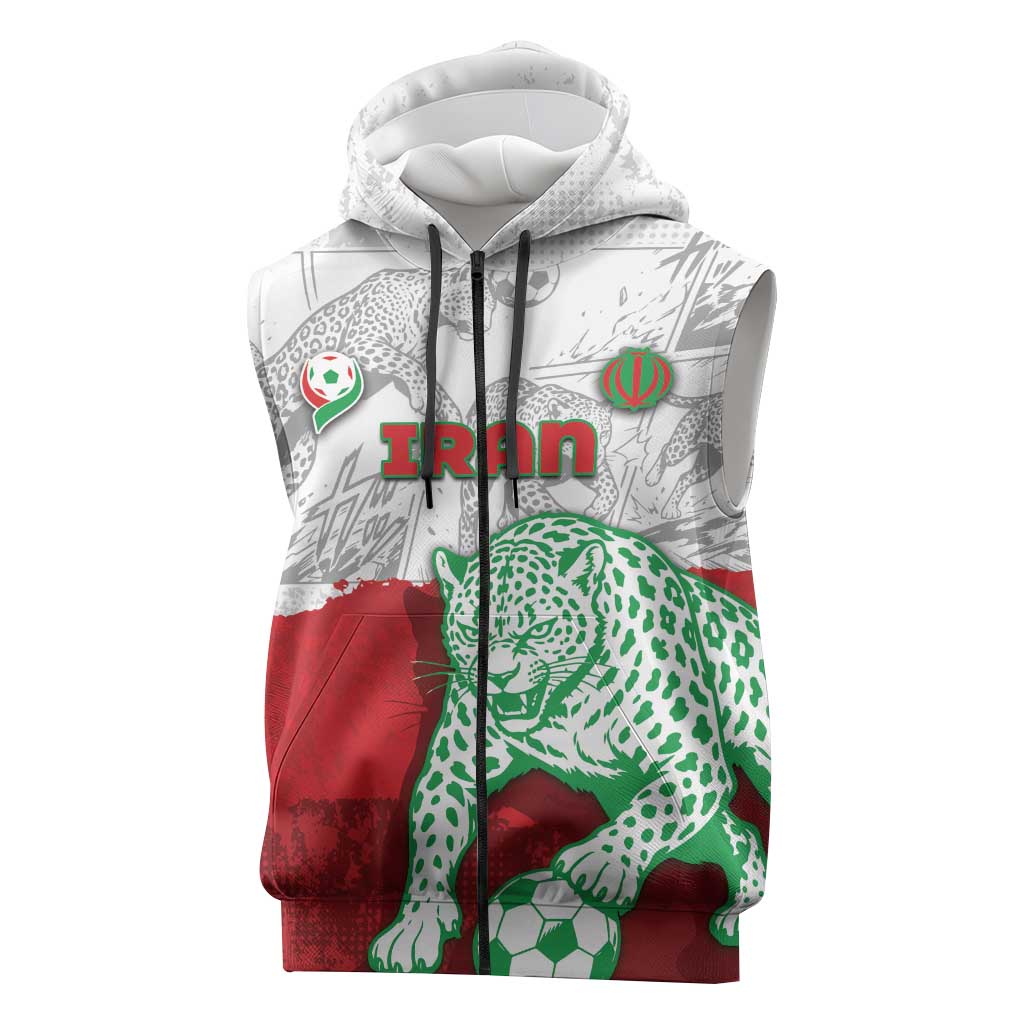 Custom Iran Football Sleeveless Zip Hoodie Leopard Comic Manga Art Style