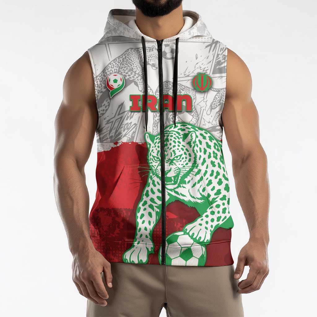Custom Iran Football Sleeveless Zip Hoodie Leopard Comic Manga Art Style