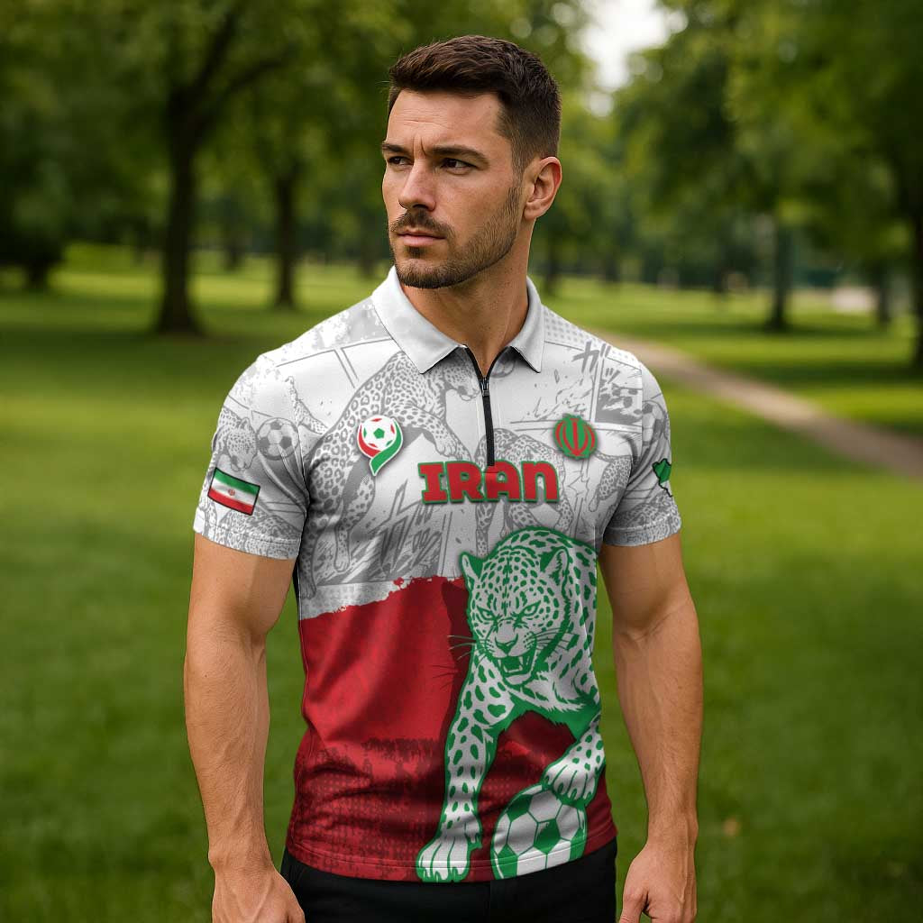 Custom Iran Football Zipper Polo Shirt Leopard Comic Manga Art Style