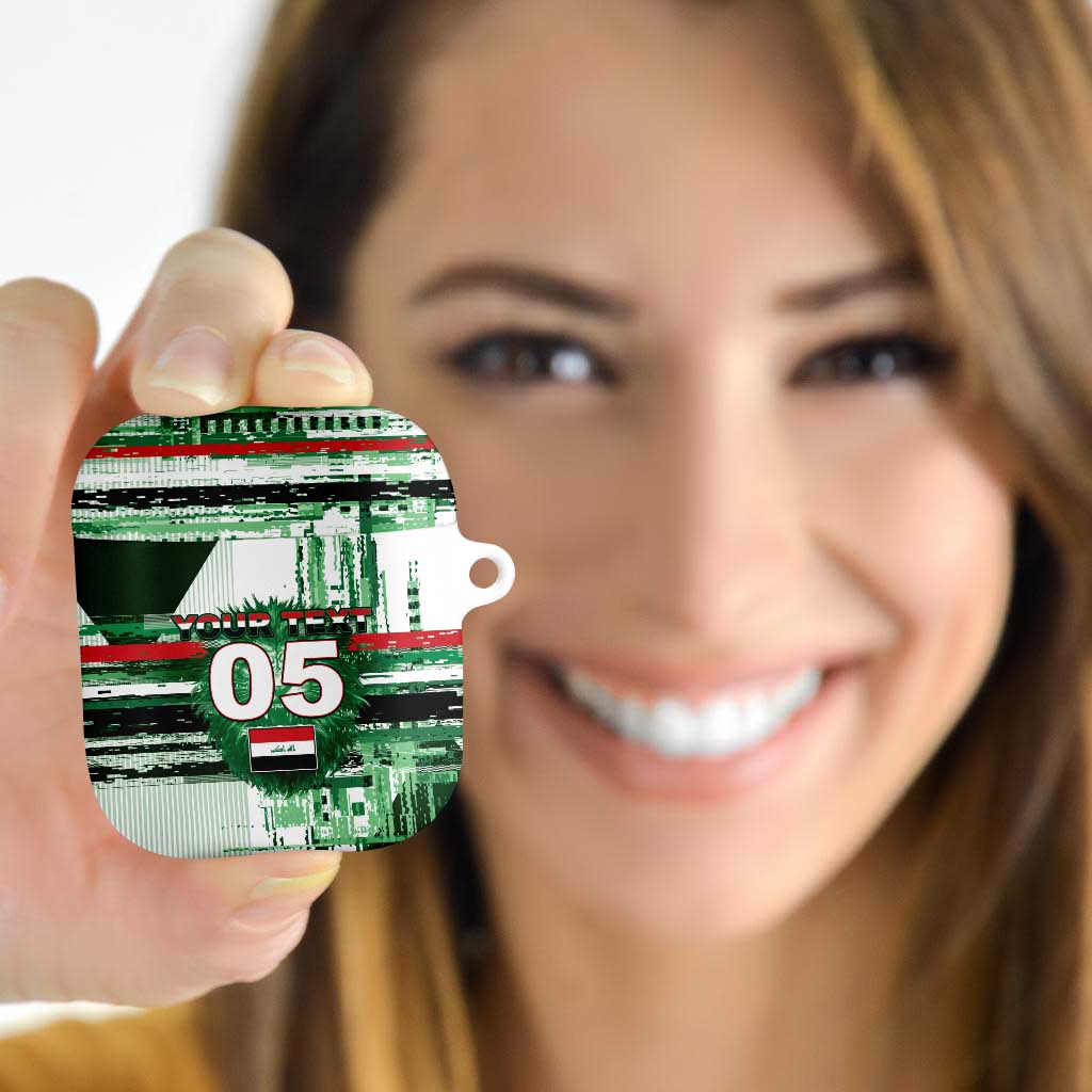 Custom Iraq Football AirPods Case Modern Glitch Art Style Lion Symbolism