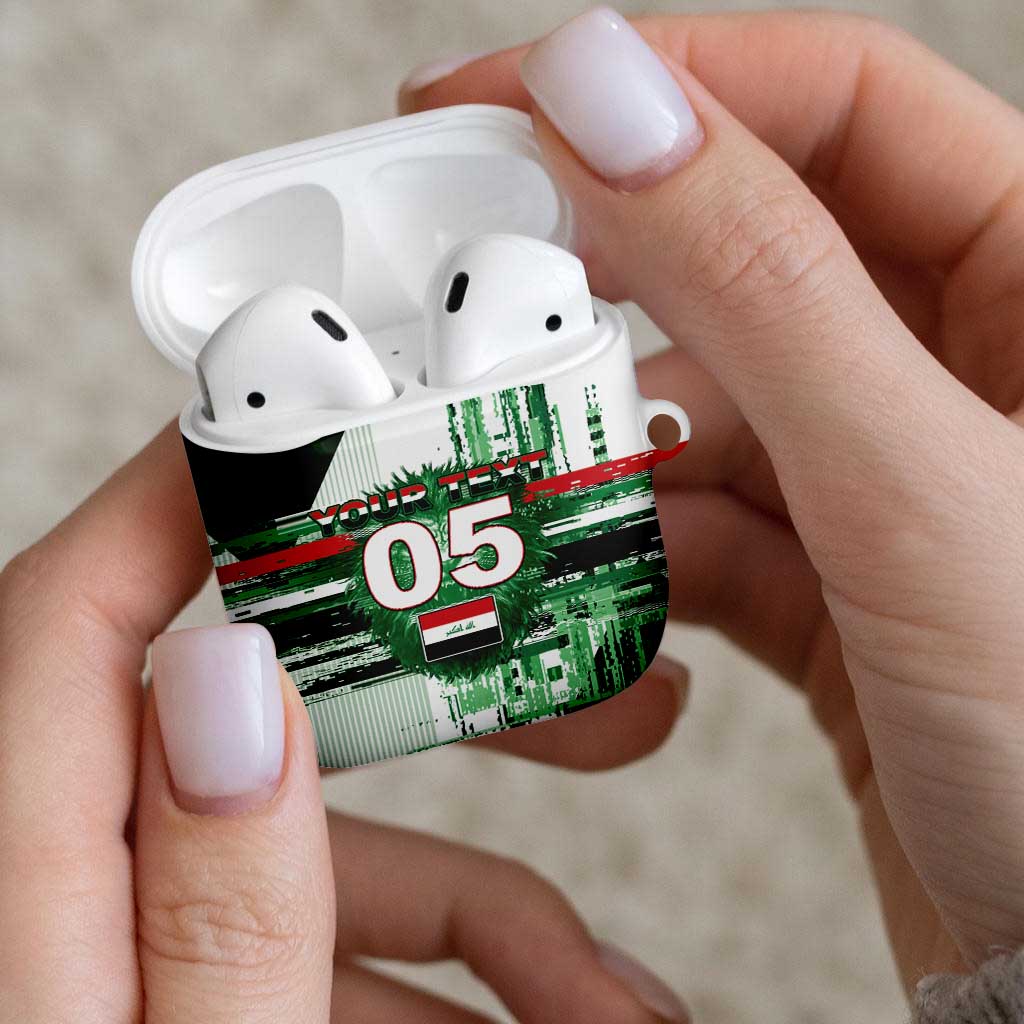Custom Iraq Football AirPods Case Modern Glitch Art Style Lion Symbolism