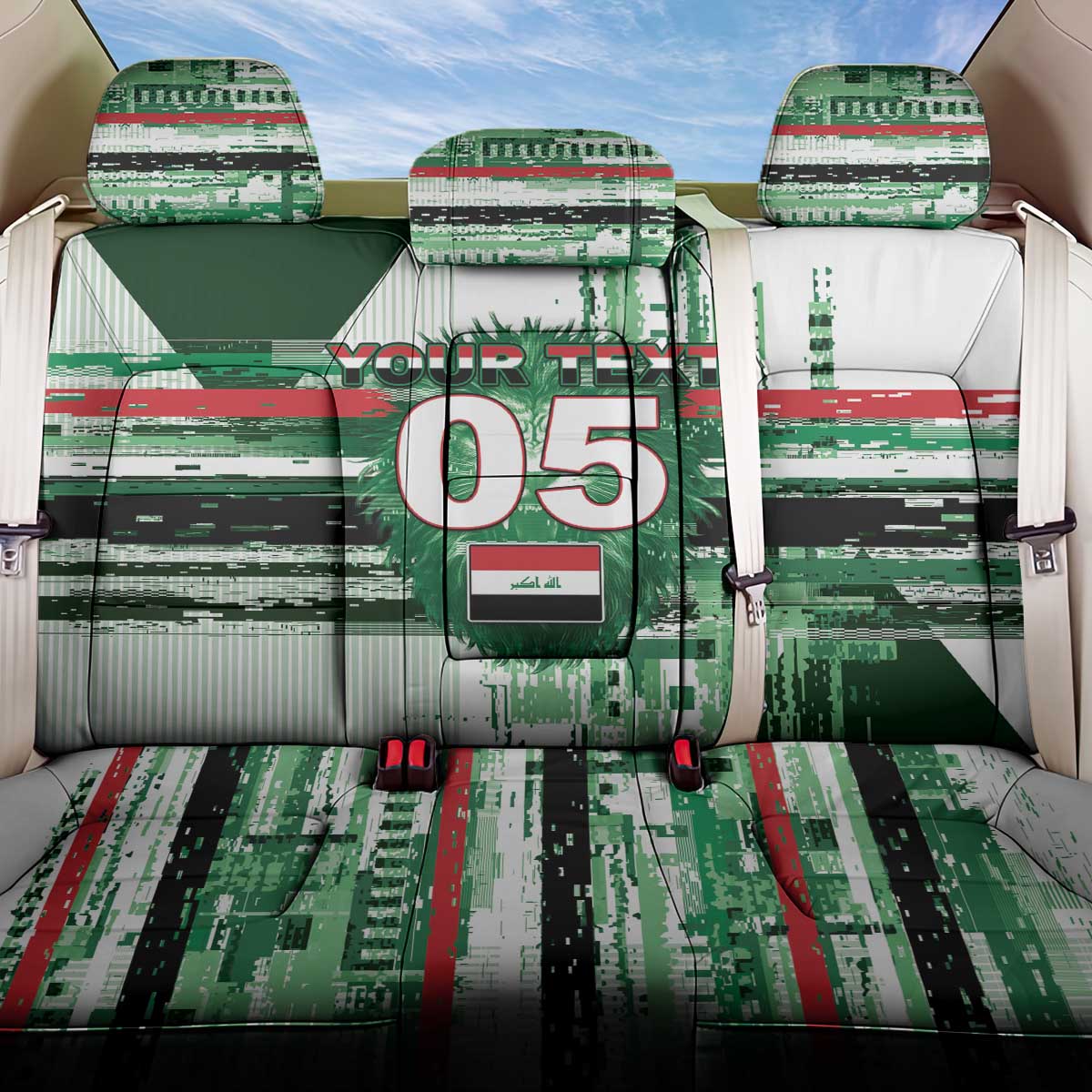 Custom Iraq Football Back Car Seat Cover Modern Glitch Art Style Lion Symbolism