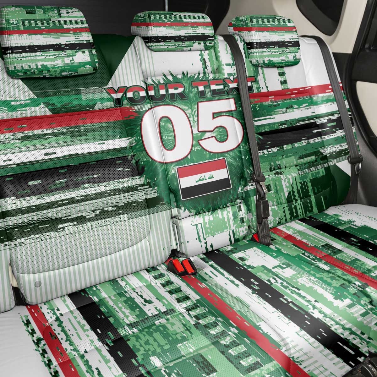 Custom Iraq Football Back Car Seat Cover Modern Glitch Art Style Lion Symbolism