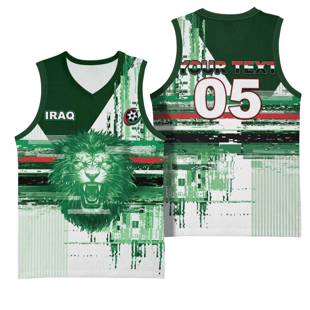 Custom Iraq Football Basketball Jersey Modern Glitch Art Style Lion Symbolism