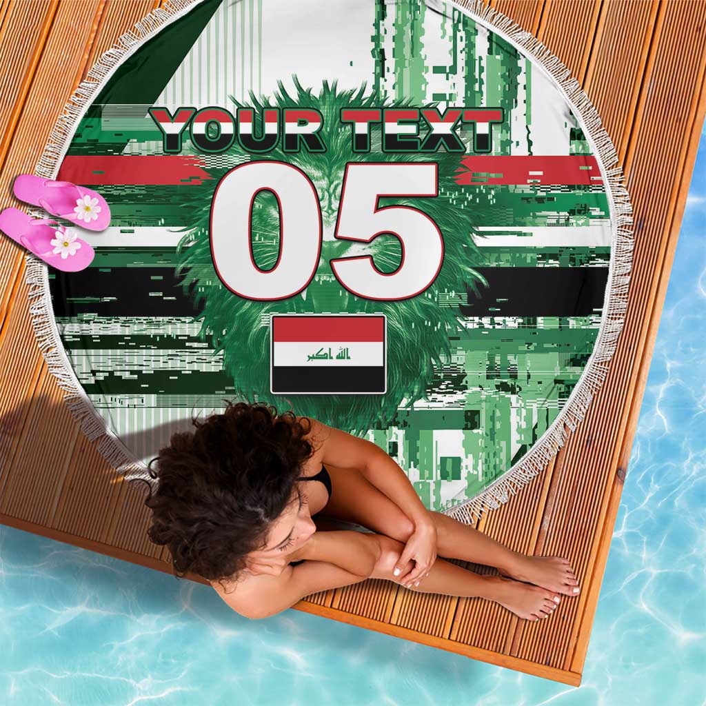 Custom Iraq Football Beach Blanket Modern Glitch Art Style Lion Symbolism