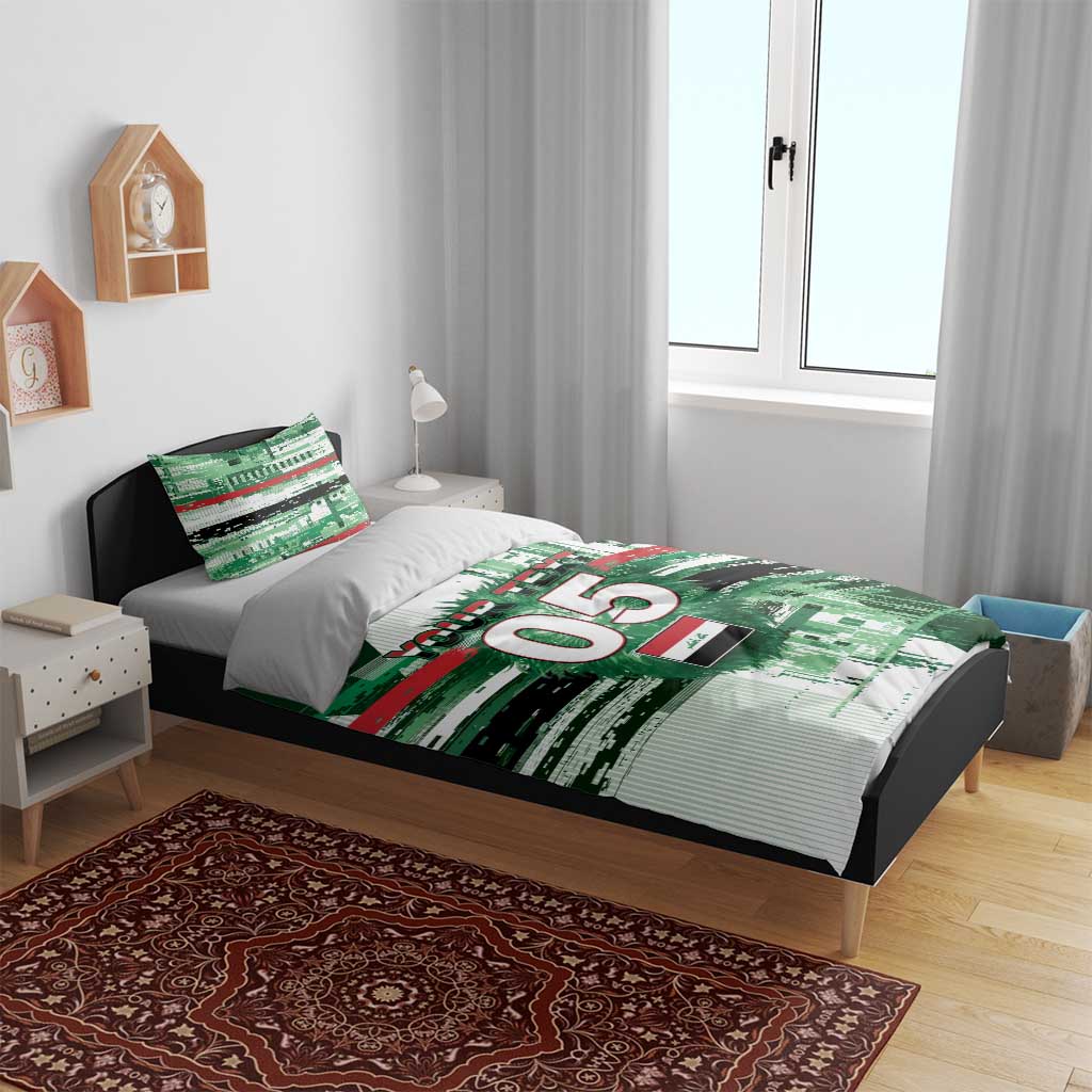 Custom Iraq Football Bedding Set Modern Glitch Art Style Lion Symbolism