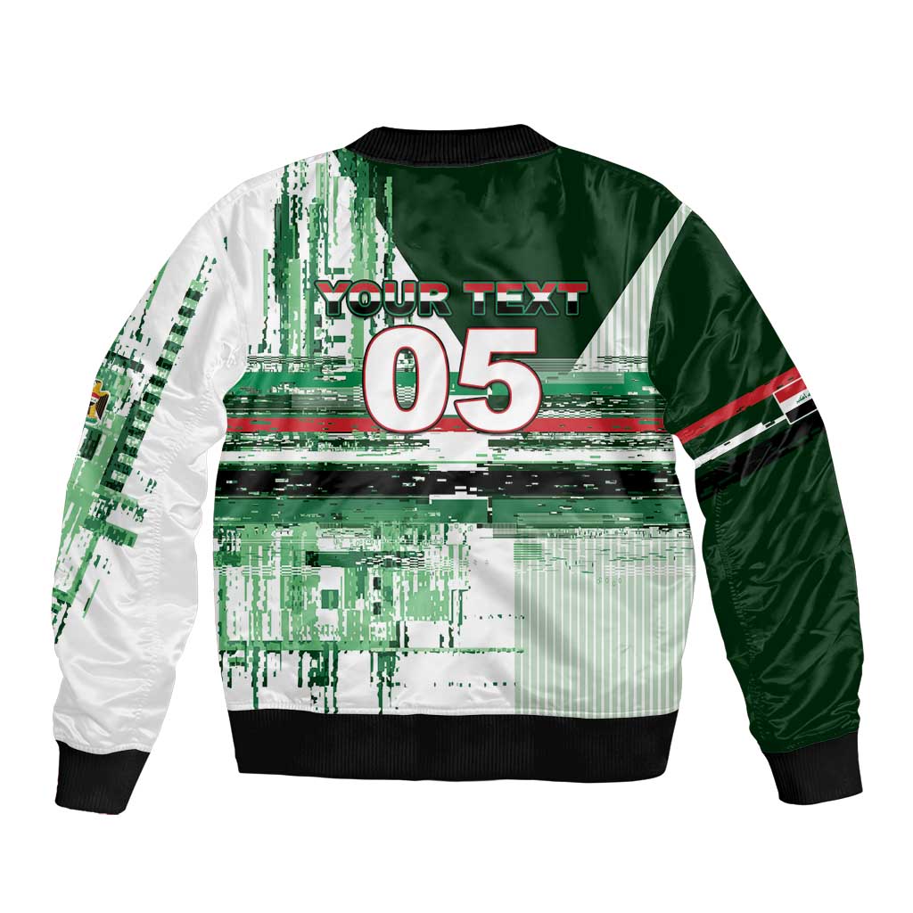 Custom Iraq Football Bomber Jacket Modern Glitch Art Style Lion Symbolism