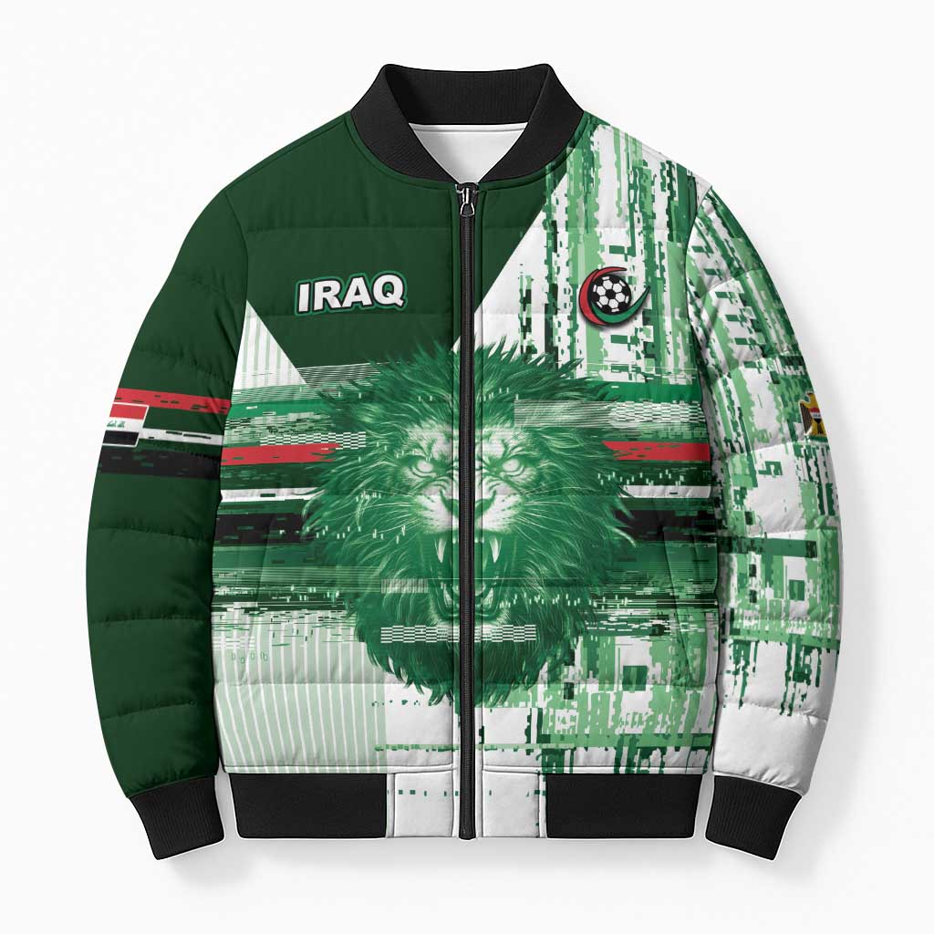 Custom Iraq Football Bomber Puffer Jacket Modern Glitch Art Style Lion Symbolism