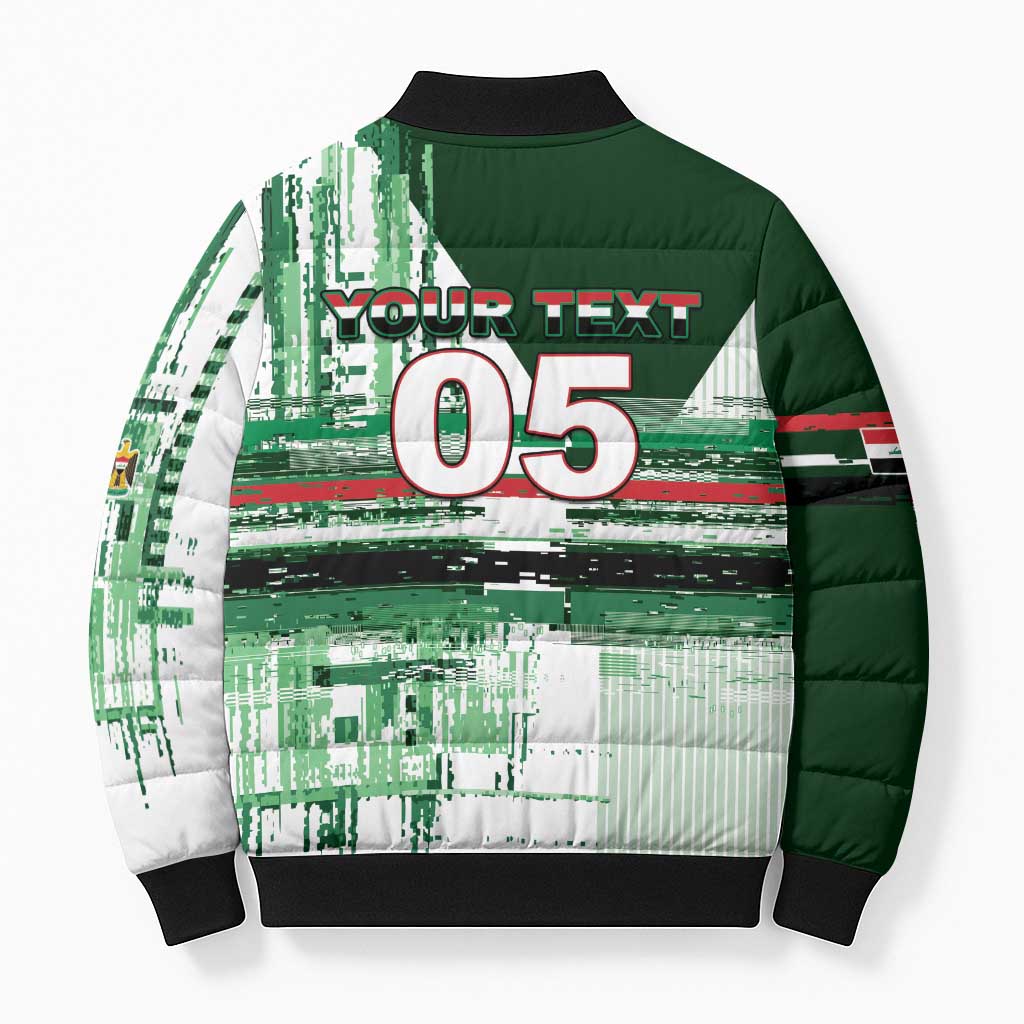 Custom Iraq Football Bomber Puffer Jacket Modern Glitch Art Style Lion Symbolism