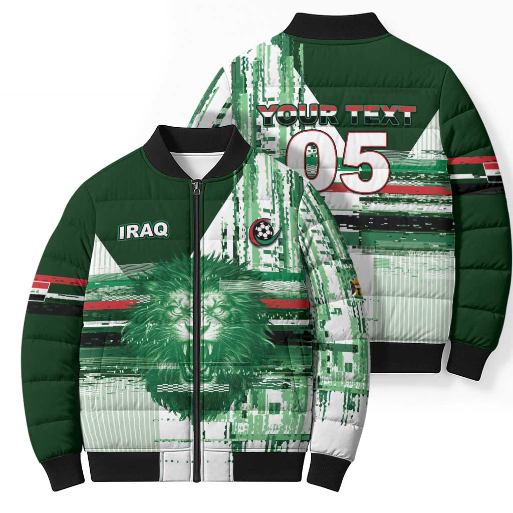 Custom Iraq Football Bomber Puffer Jacket Modern Glitch Art Style Lion Symbolism