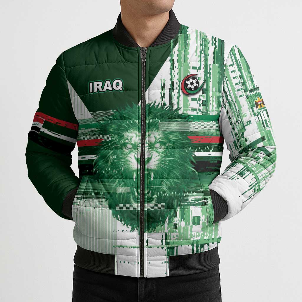 Custom Iraq Football Bomber Puffer Jacket Modern Glitch Art Style Lion Symbolism