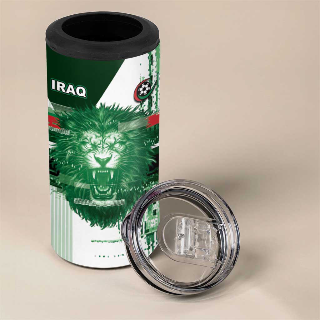 Custom Iraq Football 4 in 1 Can Cooler Tumbler Modern Glitch Art Style Lion Symbolism