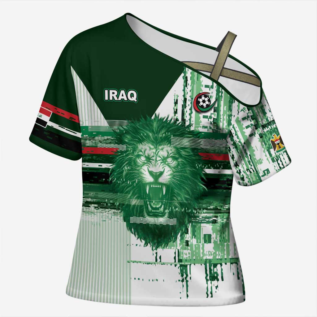Custom Iraq Football Cross Shoulder Shirt Modern Glitch Art Style Lion Symbolism