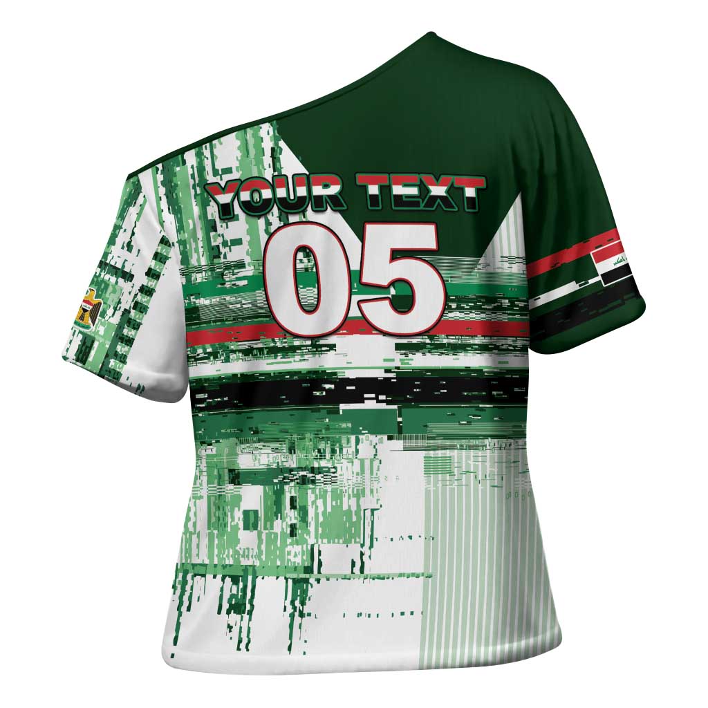 Custom Iraq Football Cross Shoulder Shirt Modern Glitch Art Style Lion Symbolism