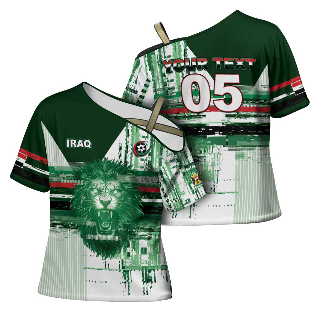 Custom Iraq Football Cross Shoulder Shirt Modern Glitch Art Style Lion Symbolism