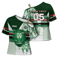 Custom Iraq Football Cross Shoulder Shirt Modern Glitch Art Style Lion Symbolism