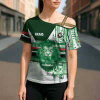 Custom Iraq Football Cross Shoulder Shirt Modern Glitch Art Style Lion Symbolism