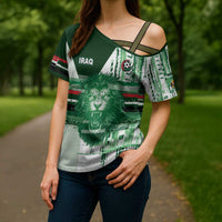 Custom Iraq Football Cross Shoulder Shirt Modern Glitch Art Style Lion Symbolism