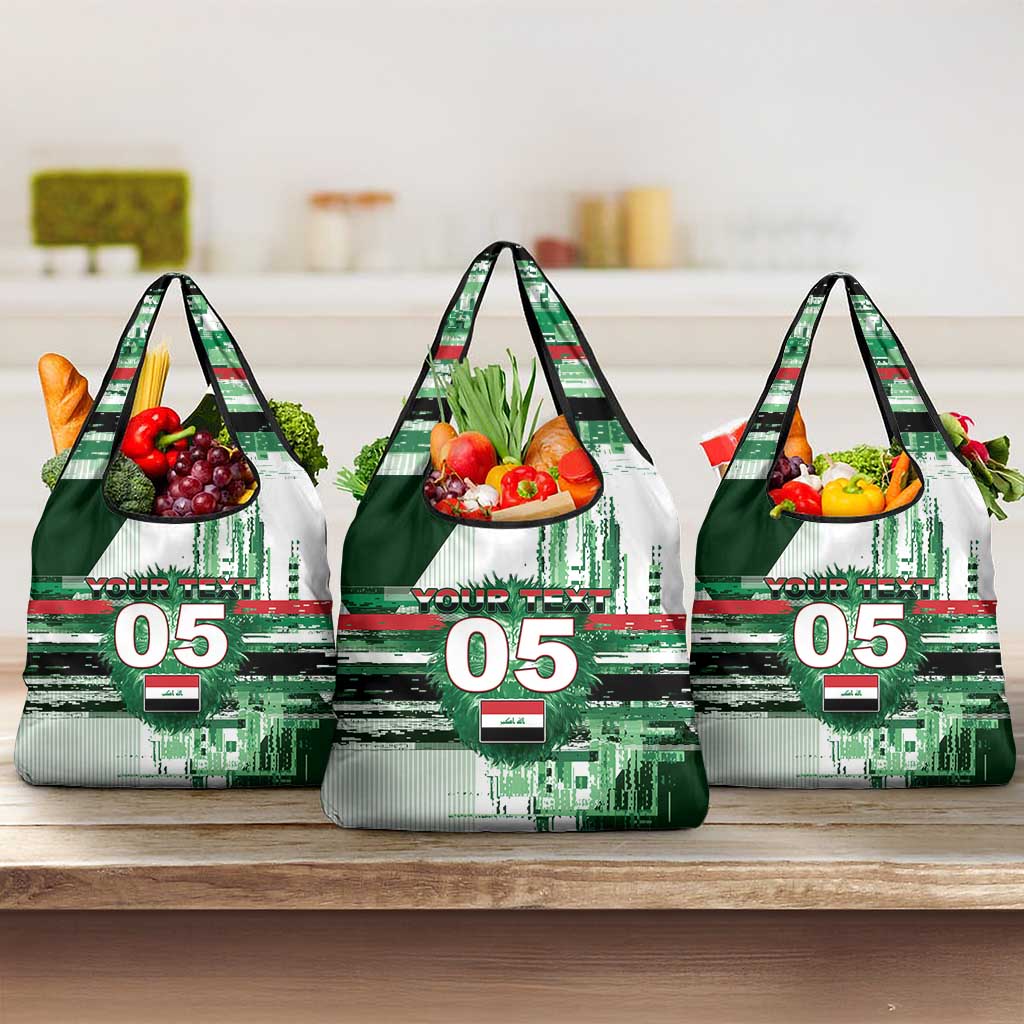 Custom Iraq Football Grocery Bag Modern Glitch Art Style Lion Symbolism