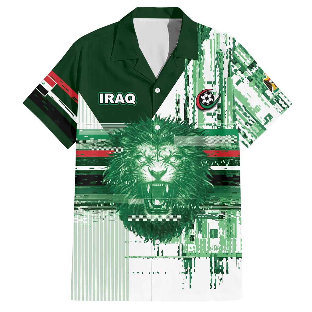 Custom Iraq Football Hawaiian Shirt Modern Glitch Art Style Lion Symbolism