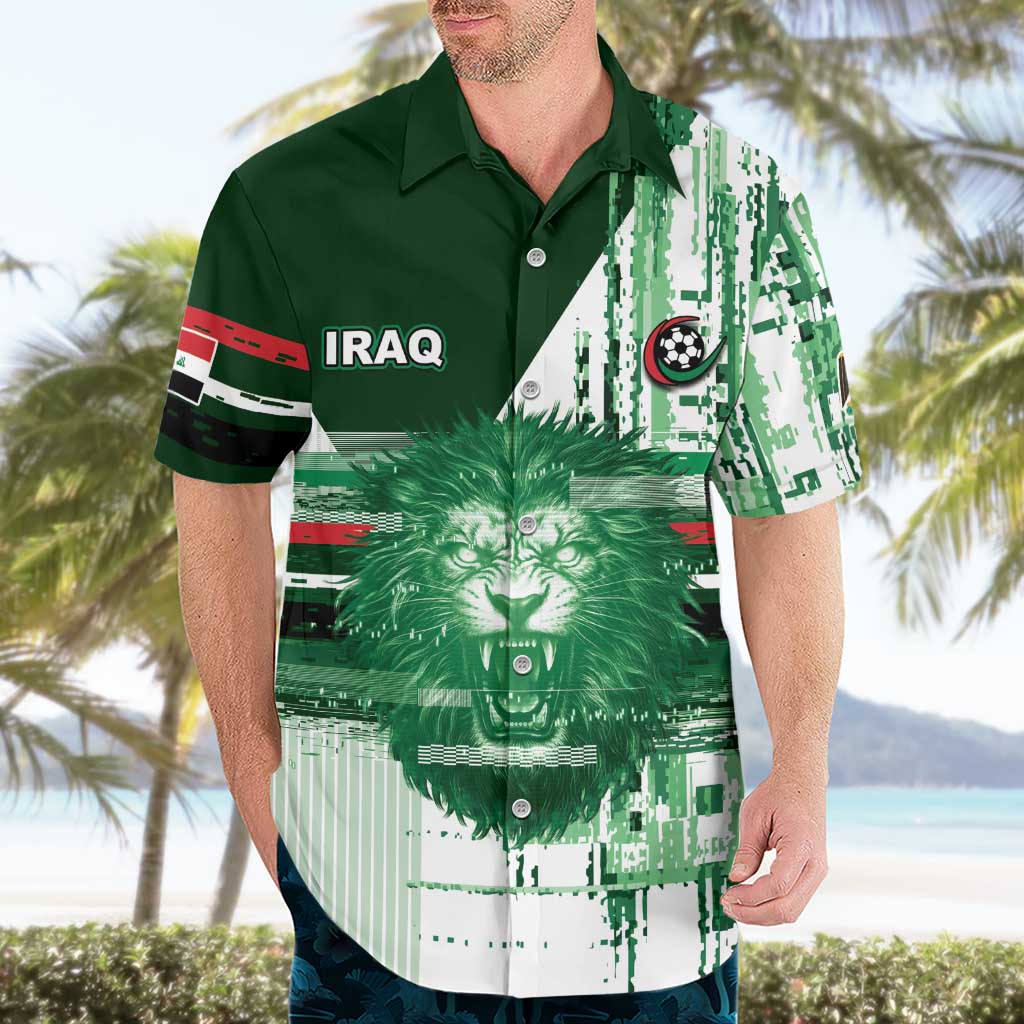 Custom Iraq Football Hawaiian Shirt Modern Glitch Art Style Lion Symbolism