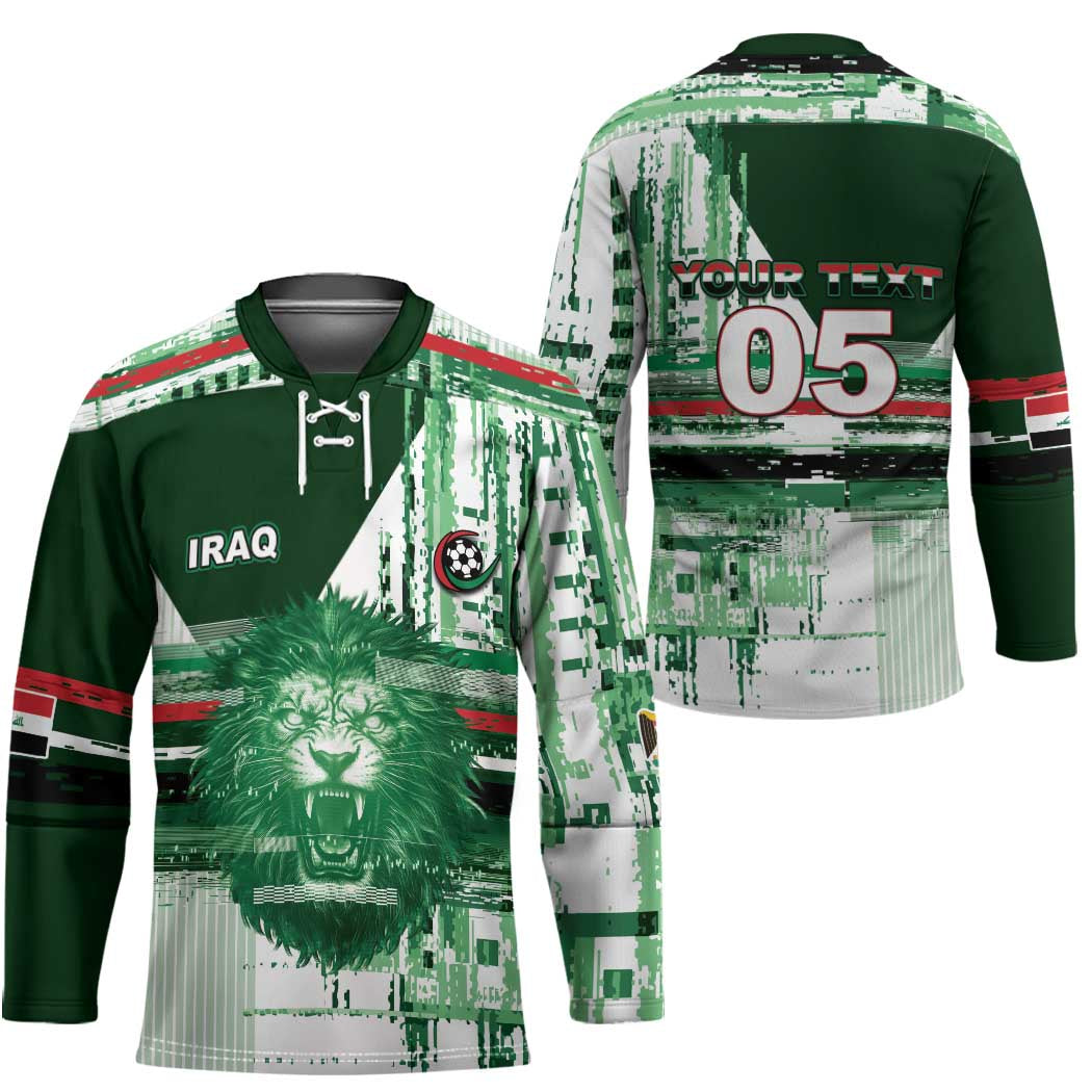 Custom Iraq Football Hockey Jersey Modern Glitch Art Style Lion Symbolism