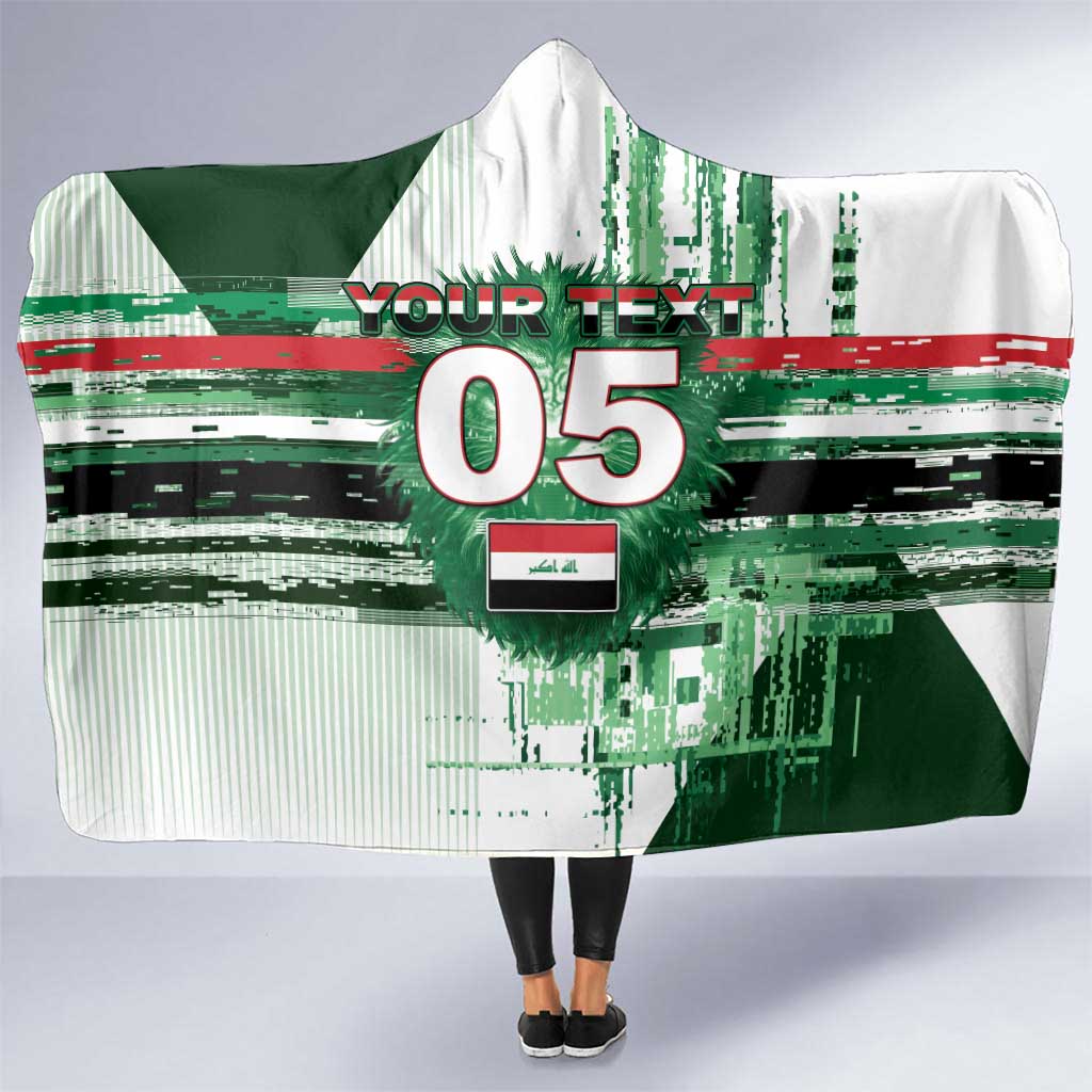 Custom Iraq Football Hooded Blanket Modern Glitch Art Style Lion Symbolism