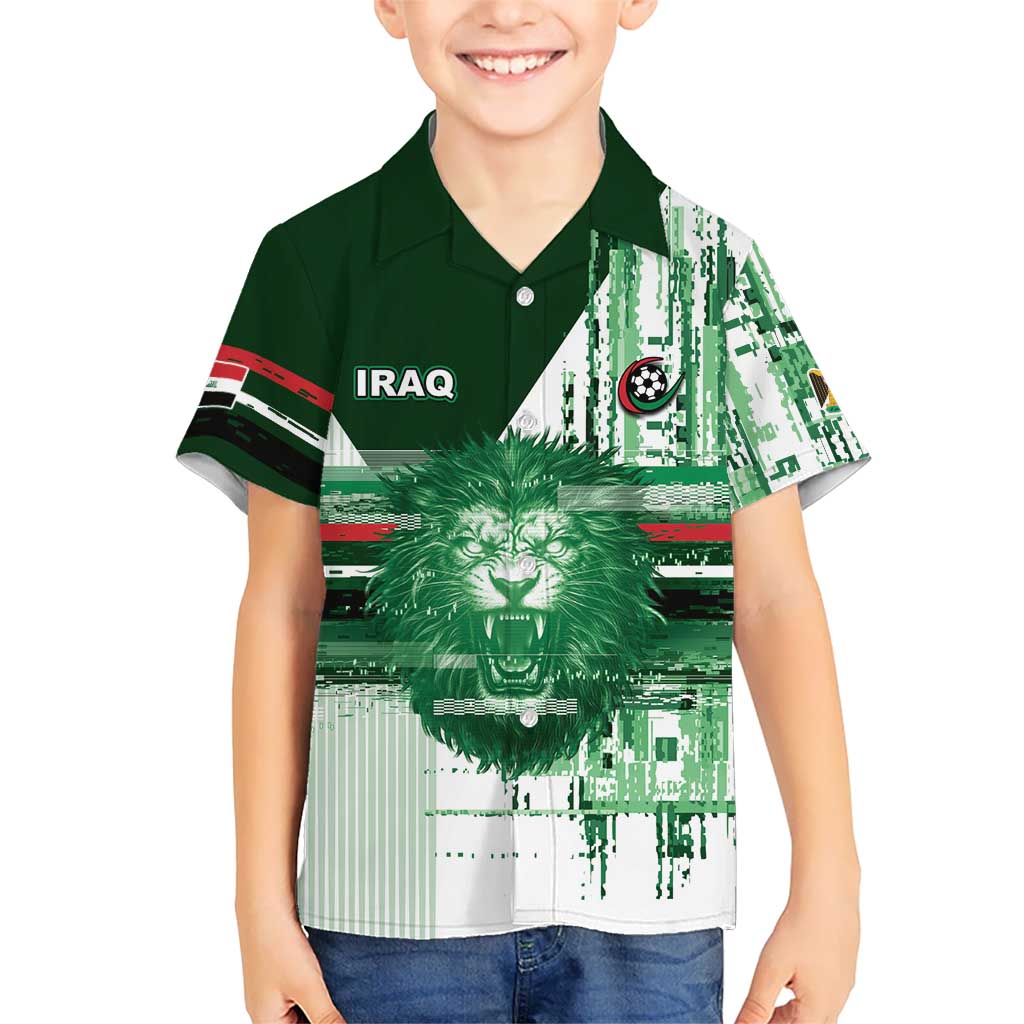Custom Iraq Football Kid Hawaiian Shirt Modern Glitch Art Style Lion Symbolism