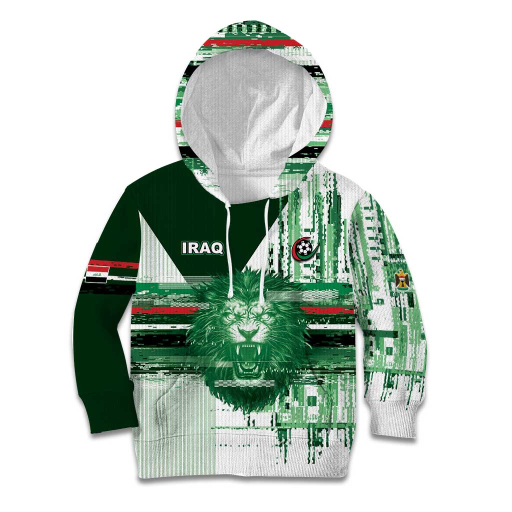 Custom Iraq Football Kid Hoodie Modern Glitch Art Style Lion Symbolism
