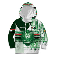 Custom Iraq Football Kid Hoodie Modern Glitch Art Style Lion Symbolism