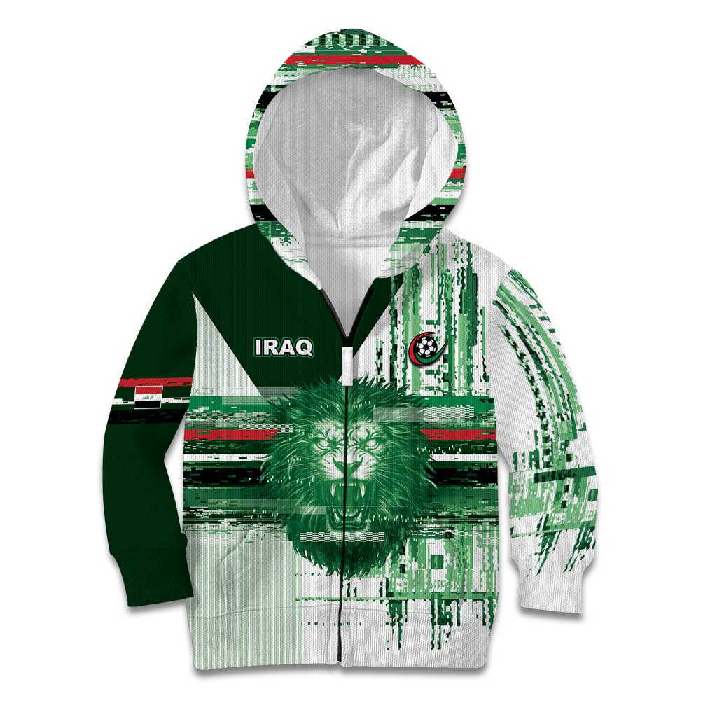 Custom Iraq Football Kid Hoodie Modern Glitch Art Style Lion Symbolism