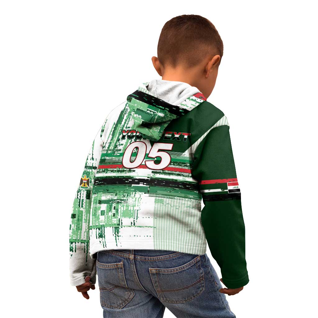 Custom Iraq Football Kid Hoodie Modern Glitch Art Style Lion Symbolism