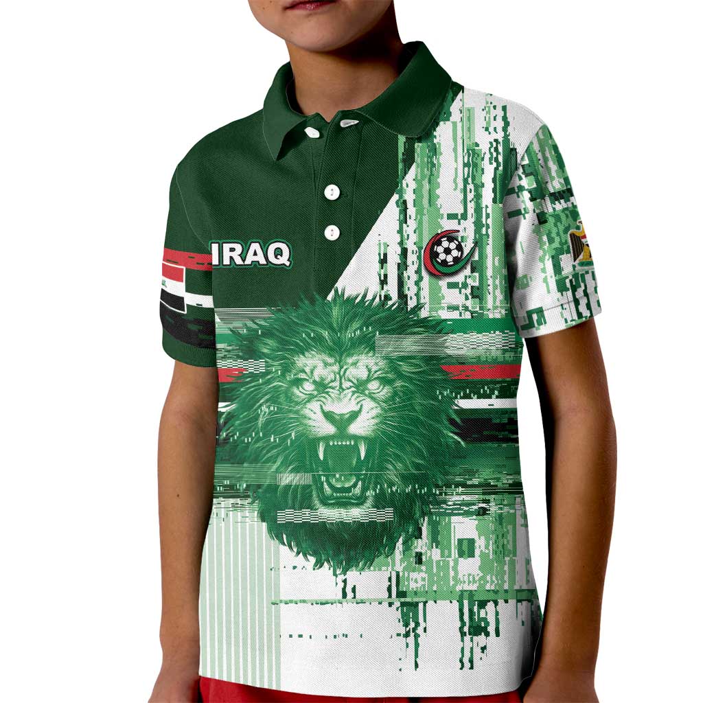 Custom Iraq Football Kid Polo Shirt Modern Glitch Art Style Lion Symbolism