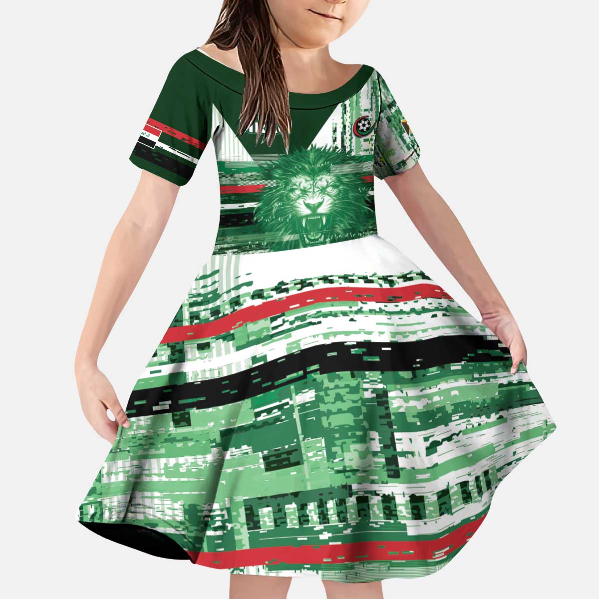Custom Iraq Football Kid Short Sleeve Dress Modern Glitch Art Style Lion Symbolism