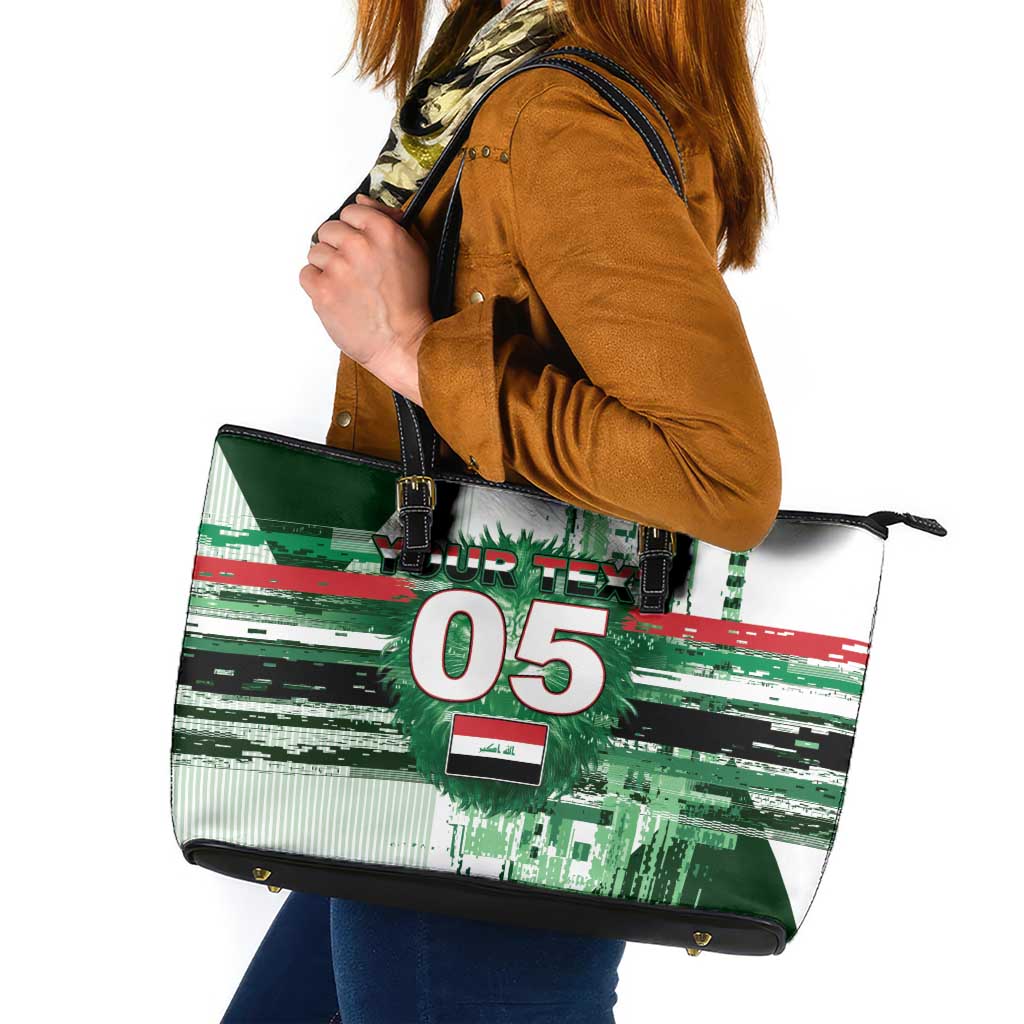 Custom Iraq Football Leather Tote Bag Modern Glitch Art Style Lion Symbolism