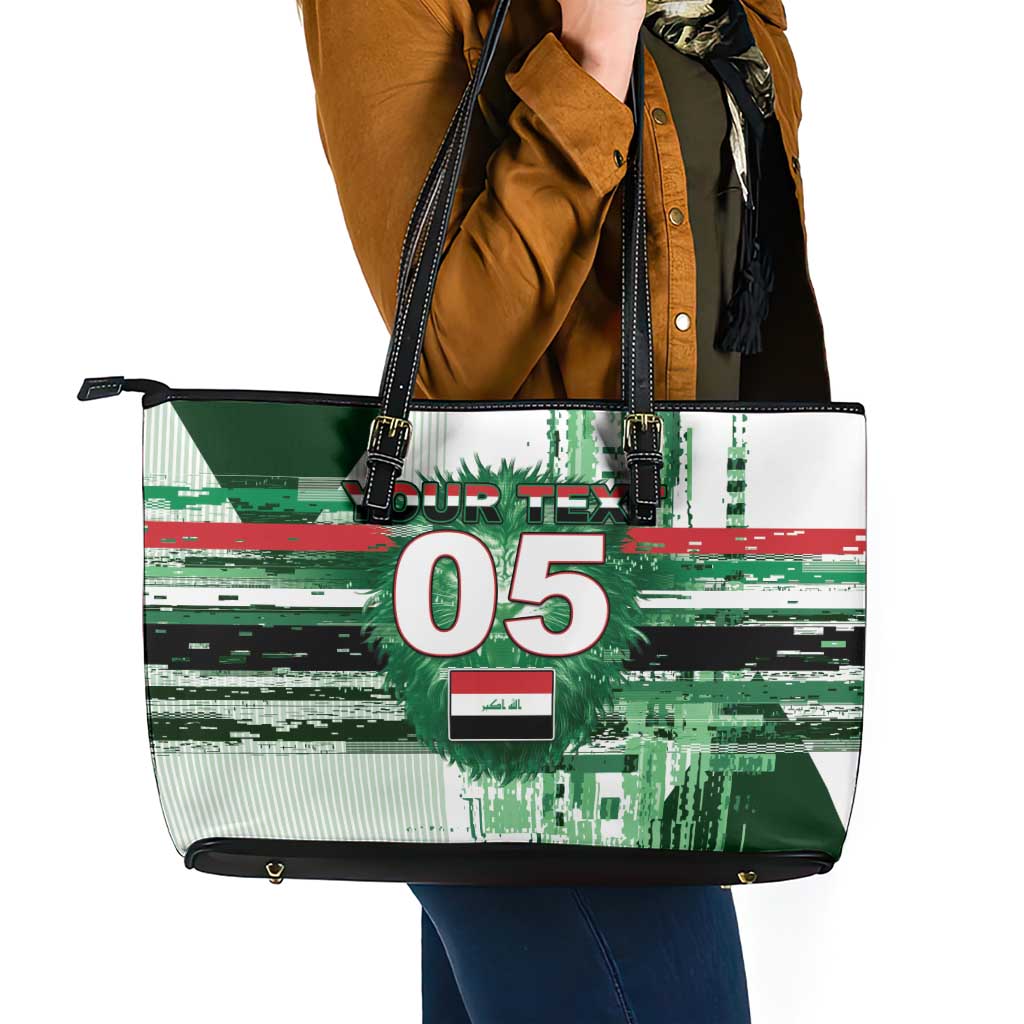Custom Iraq Football Leather Tote Bag Modern Glitch Art Style Lion Symbolism