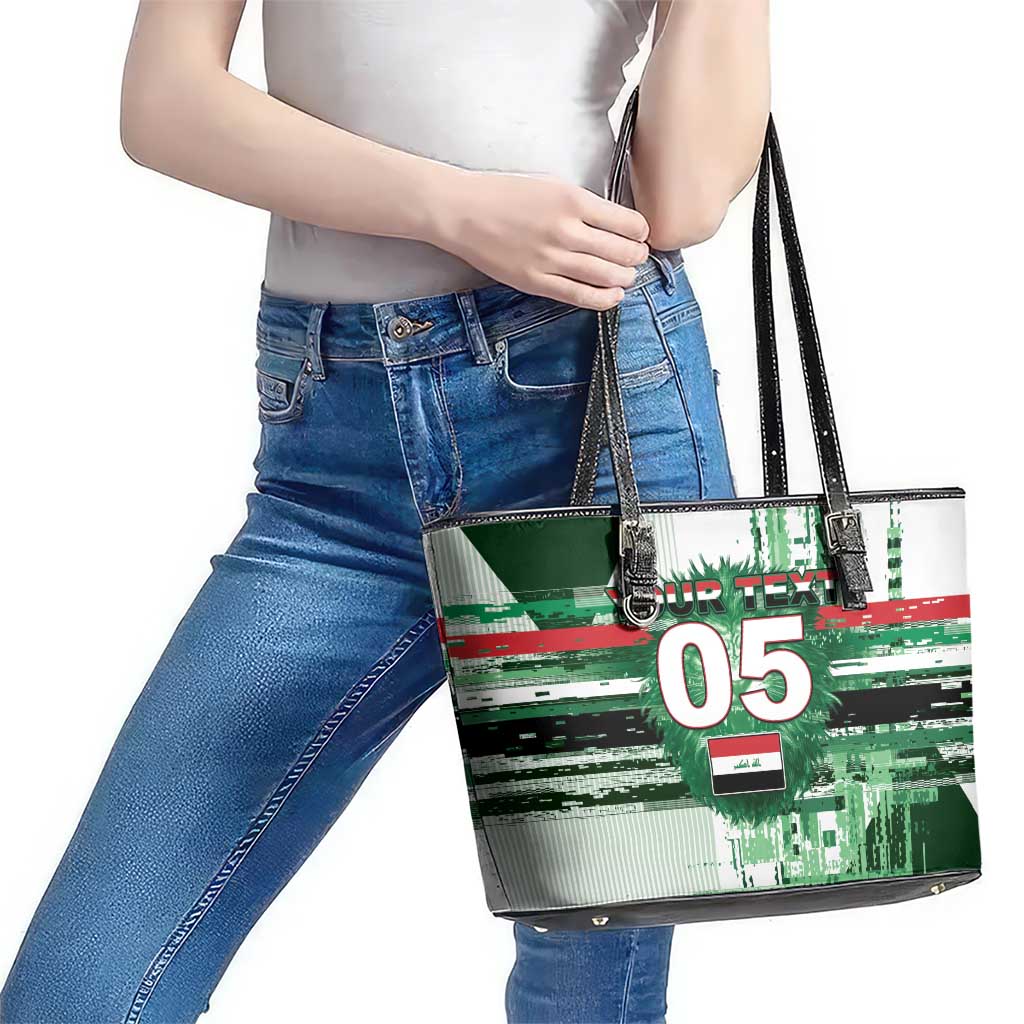 Custom Iraq Football Leather Tote Bag Modern Glitch Art Style Lion Symbolism